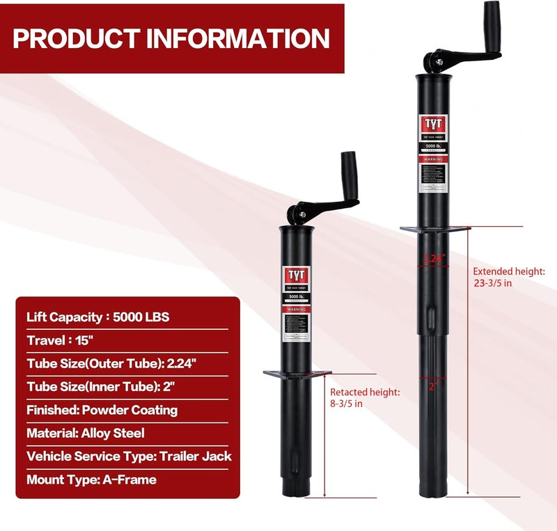 TYT Heavy Duty 5000lbs A-Frame Trailer Jack with 15" Top-Wind Vertical Travel, Black Sandblast Coating, and Foot Plate for RVs, Boat, Utility, and Camping Trailers - Image 2